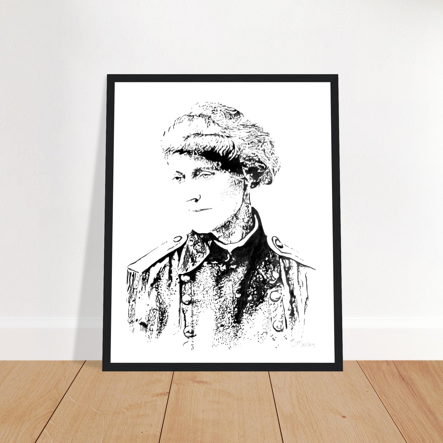 Framed art print by Ó Maoláin depicting Countess Markievicz, celebrating her courage and activism. This timeless piece blends art and history, capturing Ireland's heritage. Perfect for adding a meaningful touch to any space, honoring a trailblazing figure.