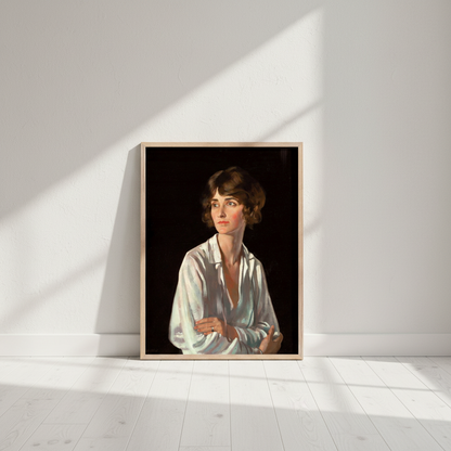 A framed portrait painting of a woman in a white blouse against a dark background, leaning against a white wall on a light floor with strong diagonal sunlight and shadows.