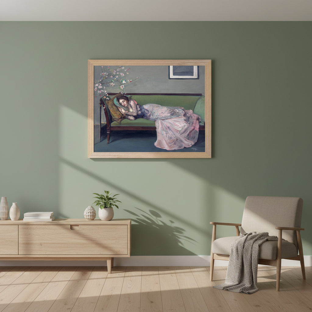 The Green Sofa by Sir John Lavery — A3 Irish art print in natural oak frame, sage green living room wall art, Buy Irish Art