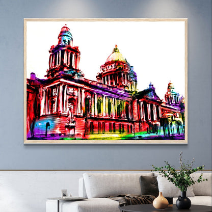 Vibrant Belfast City Hall Framed Art Print by Ó Maoláin. Colourful depiction of Belfast's iconic landmark, reflecting its dynamic spirit. Perfect for commemorating your connection to Belfast or sharing its charm. Great Wedding Gift.