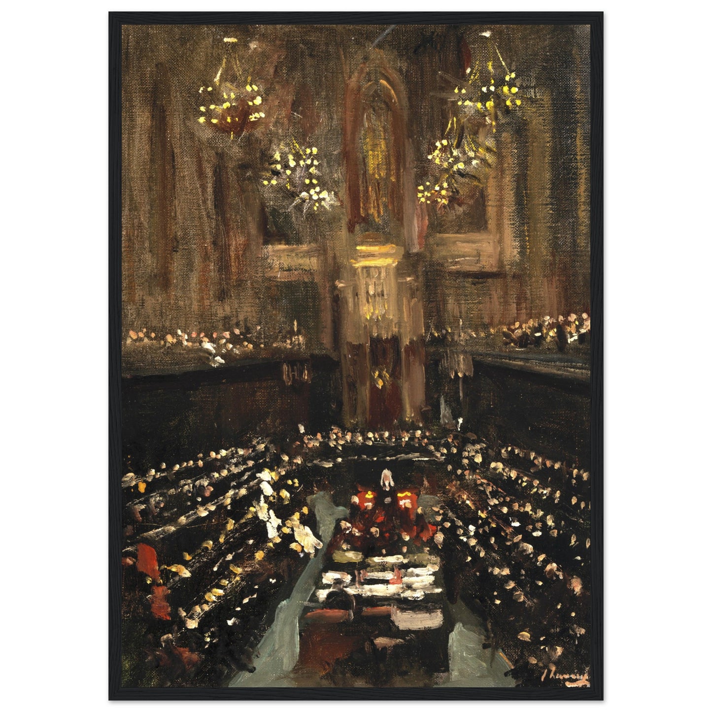 Black frame art print of Lavery’s Treaty scene leaning slightly on a slate black console table against a midnight-blue plaster wall, single vintage spotlight focused on the frame, minimalist accessories, high-end interior photography.