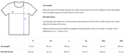 Buy Irish Art T-shirt size guide in centimetres