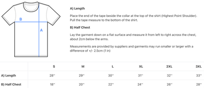 Buy Irish Art T-shirt size guide in inches