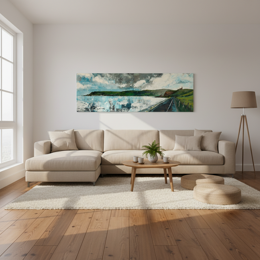 warm living room, neutral sofa, natural side light, wooden floor, square 1:1 format, wide panoramic canvas print on wall, artwork fills 75% of frame, no frame, canvas wrap, frameless canvas
