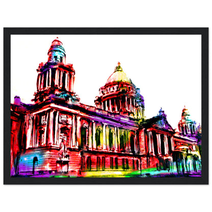 Colourful Belfast City Hall framed art print by Irish artist Ó Maoláin in black frame, 30x40 cm landscape, hanging on a white wall.