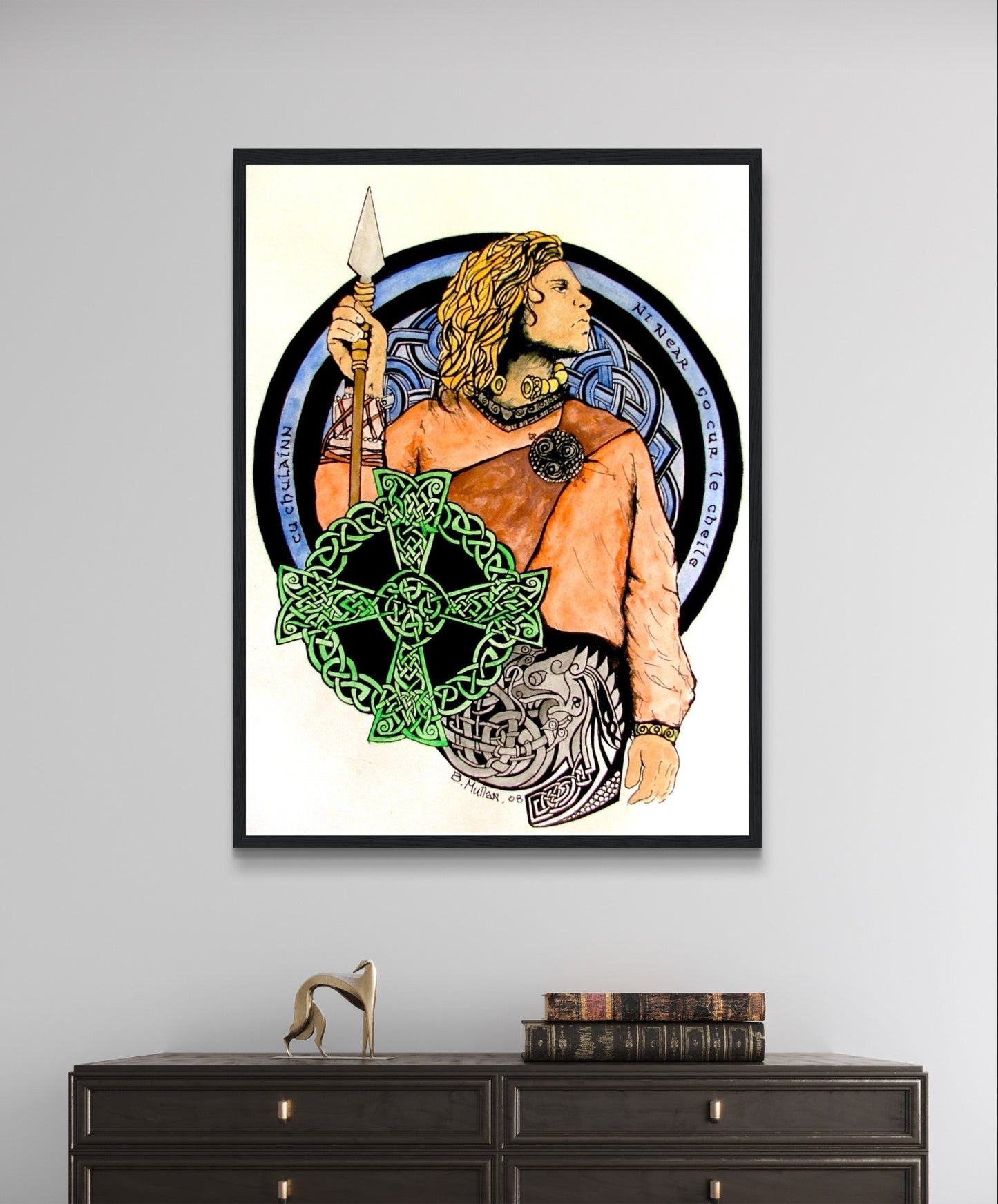 Framed art print of Cu Chulainn - The Hound of Ulster by Irish artist B. Mullan. Features a detailed illustration of the legendary warrior with intricate druid knots and pagan symbols, celebrating ancient Celtic mythology and Irish heritage