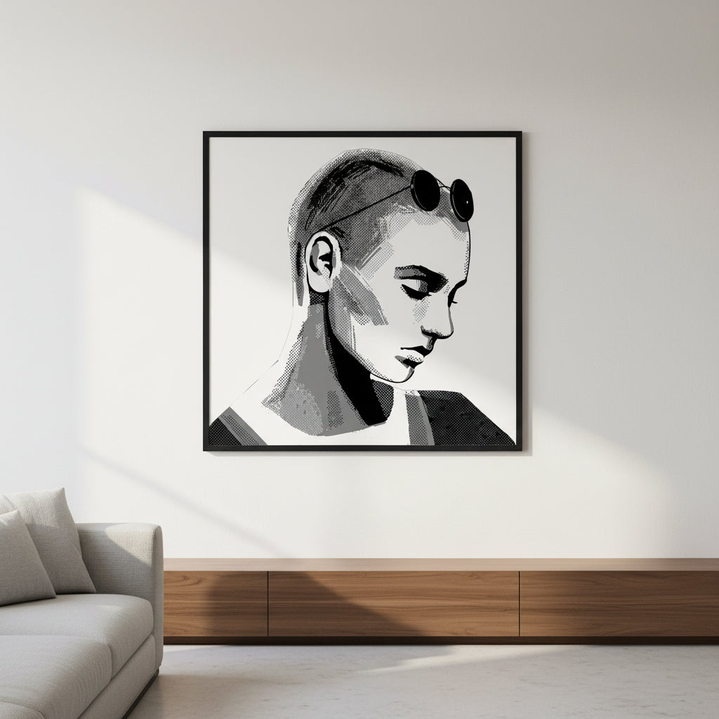 Sinéad O'Connor portrait print in a black frame above a low wooden console beside a grey sofa