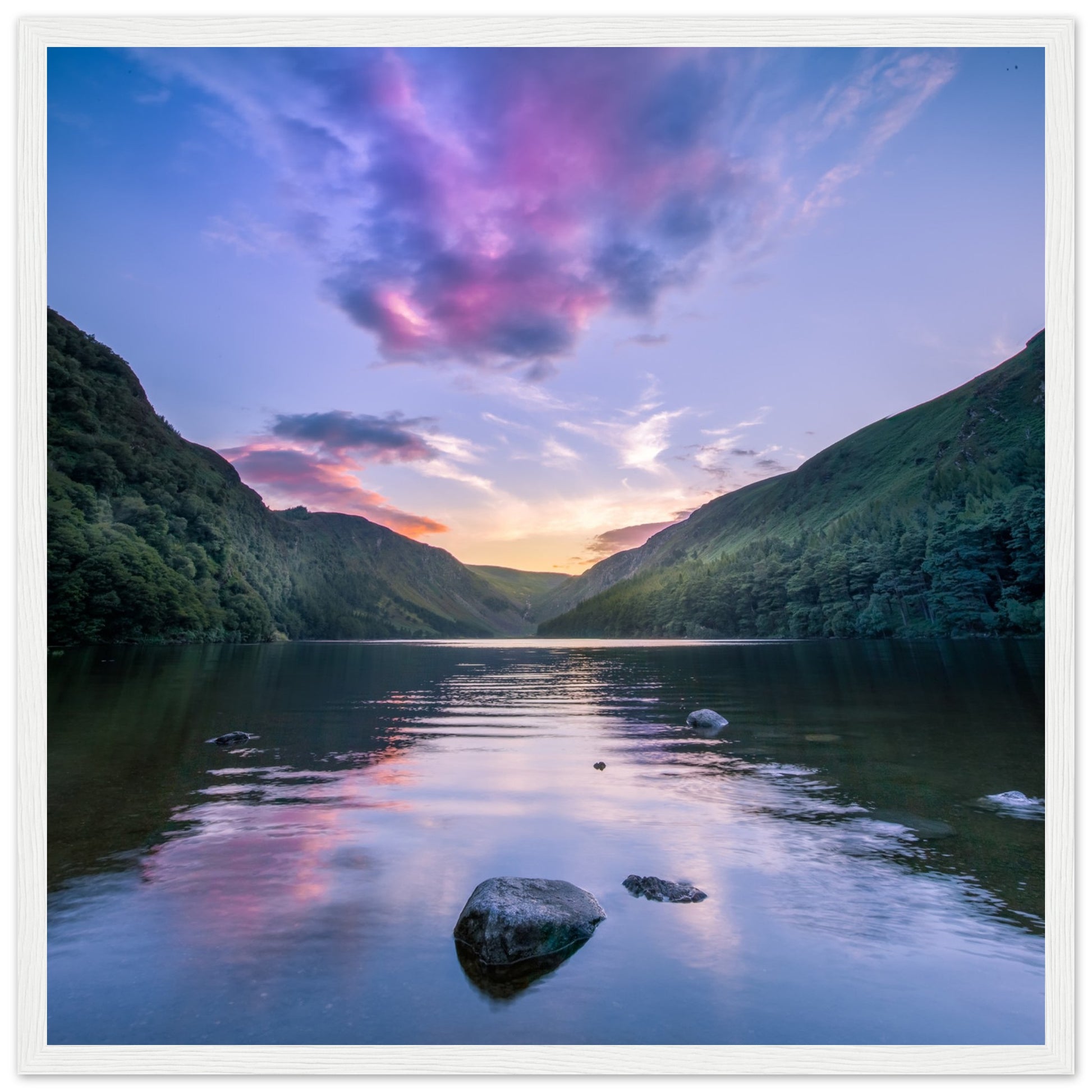 Framed wall art print of Glendalough Valley, featuring the Upper Lake at dusk with serene sky reflection in a white frame.