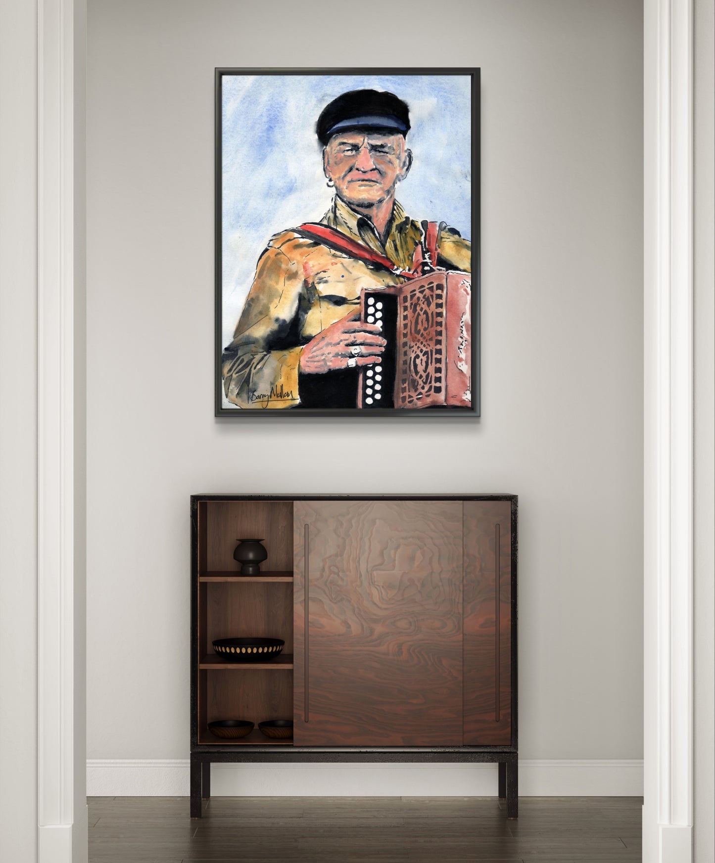 Framed art print of Patsy Dan Rogers, the King of Tory, celebrating the vibrant spirit of Tory Island. This captivating artwork by Irish artist B. Mullan captures the essence of Tory&#39;s unique culture, honouring the island&#39;s legendary figure.