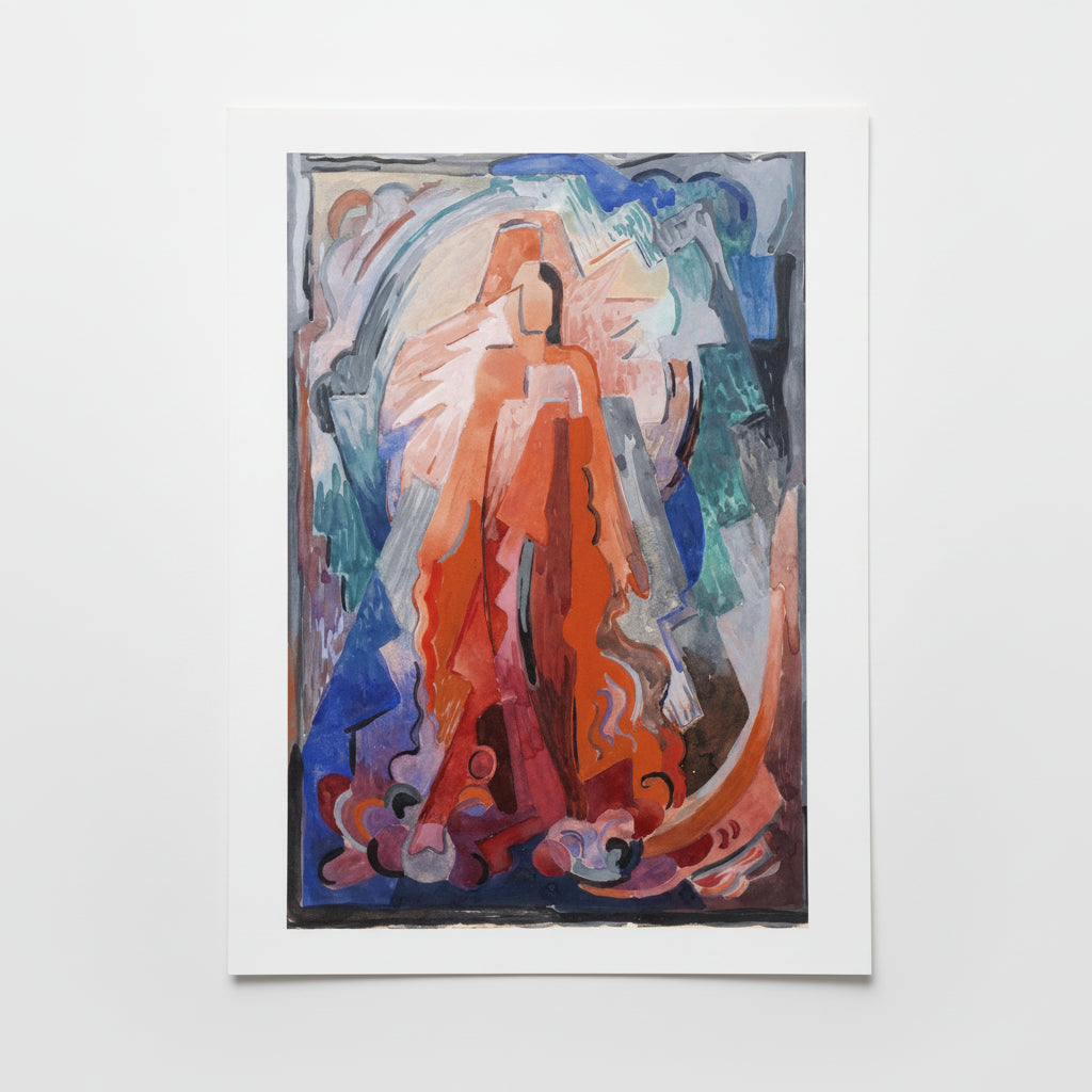 I Have Trodden the Winepress Alone by Irish Artist Mainie Jellett unframed art print with perfect clean-cut edges lying on matte white surface, soft diffused studio lighting, minimalist aesthetic, 

