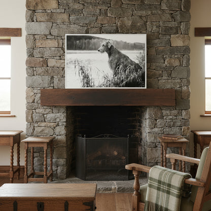 Irish Wolfhound framed print above stone fireplace — traditional Irish home decor
