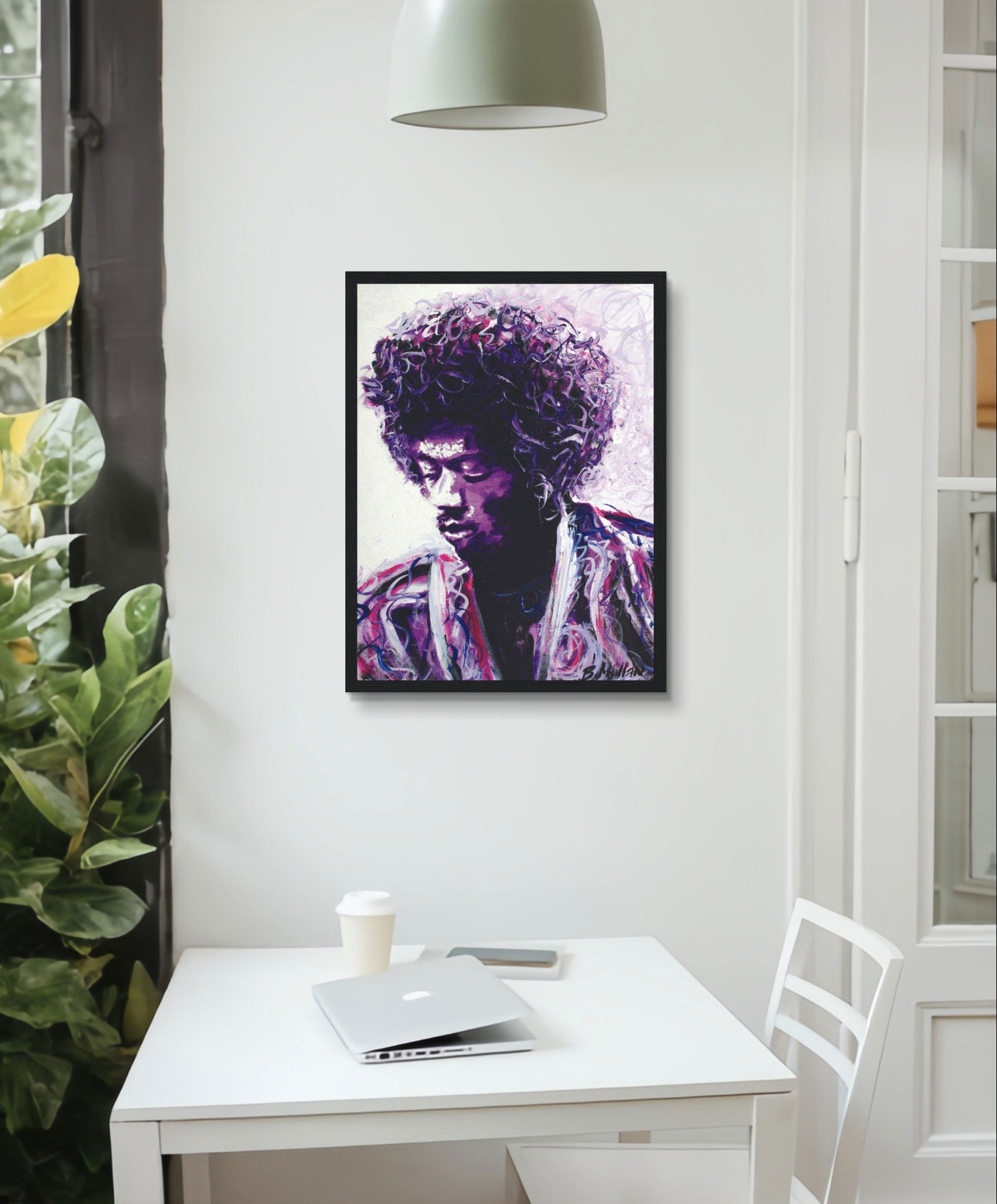 Purple Haze framed art print by B. Mullan: A vibrant portrait of Jimi Hendrix in purple, navy blue, and rose gold hues, capturing his iconic presence and musical genius.