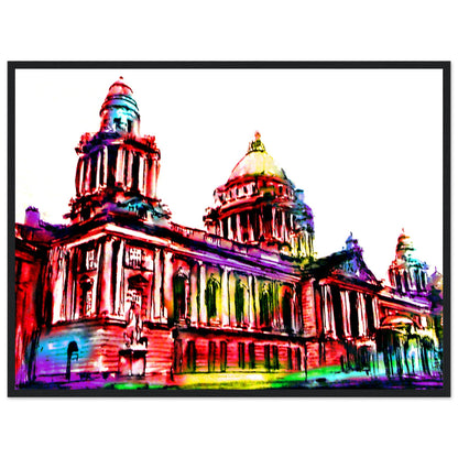 Large 60x80 cm Belfast City Hall framed print in slim black frame, feature piece above a three-seater sofa, white wall, high-ceiling living room, wooden floor, subtle reflections on plexiglass, realistic wide-angle interior shot.