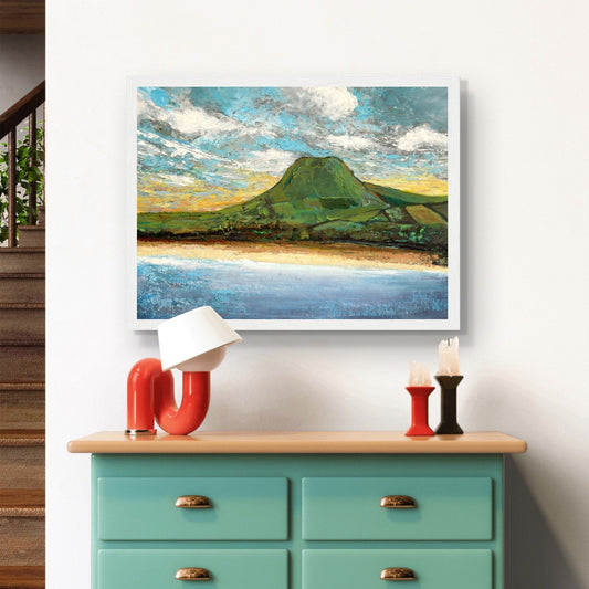  Semi-abstract giclee print by Irish artist Ó Maoláin depicting Lurig Mountain and Cushendall Beach in Antrim's picturesque Glens. Features a rural beach with crystal clear water in a sheltered bay, ideal for sea swimming. Vibrant colors and artistic interpretation.