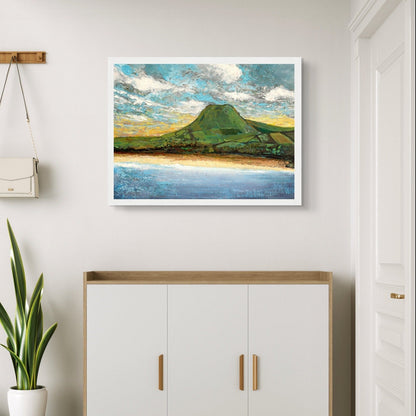 Framed semi-abstract giclee print by Irish artist Ó Maoláin featuring Lurig Mountain and Cushendall Beach in Antrim. The vibrant landscape captures the scenic beauty of the rural beach with its crystal clear waters and sheltered bay, perfect for sea swimming.