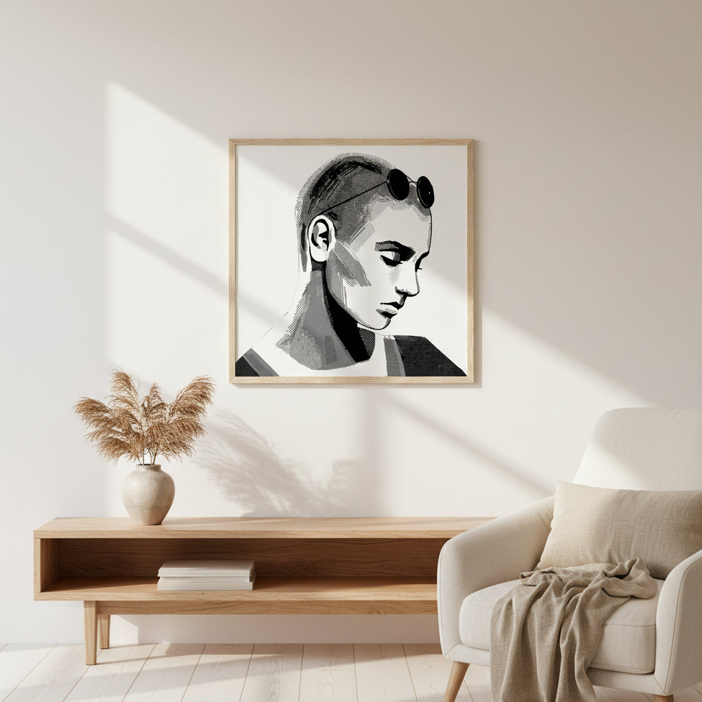 Sinéad O'Connor portrait print in a natural oak frame above an oak bench and cream armchair