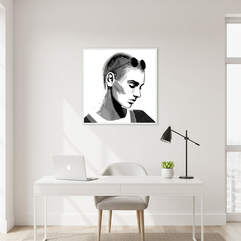 Sinéad O'Connor portrait print in a white frame above a white desk with a laptop and black lamp