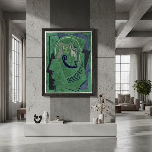 Single Element (c.1938) by Mainie Jellett in a black wooden frame, archival Irish abstract art print with geometric green and grey shapes.