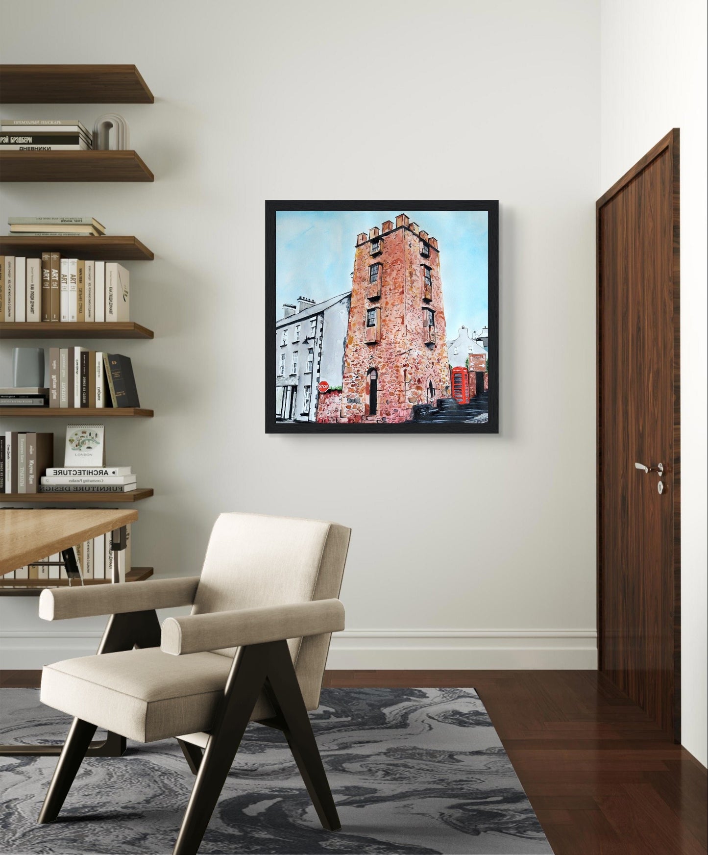 Framed art print The Curfew Tower by Ó Maoláin. This piece depicts The Curfew Tower in Cushendall, Glens of Antrim, built by Francis Turnley in 1820 and now owned by Bill Drummond. The artwork showcases the tower amid the scenic Glens of Antrim.