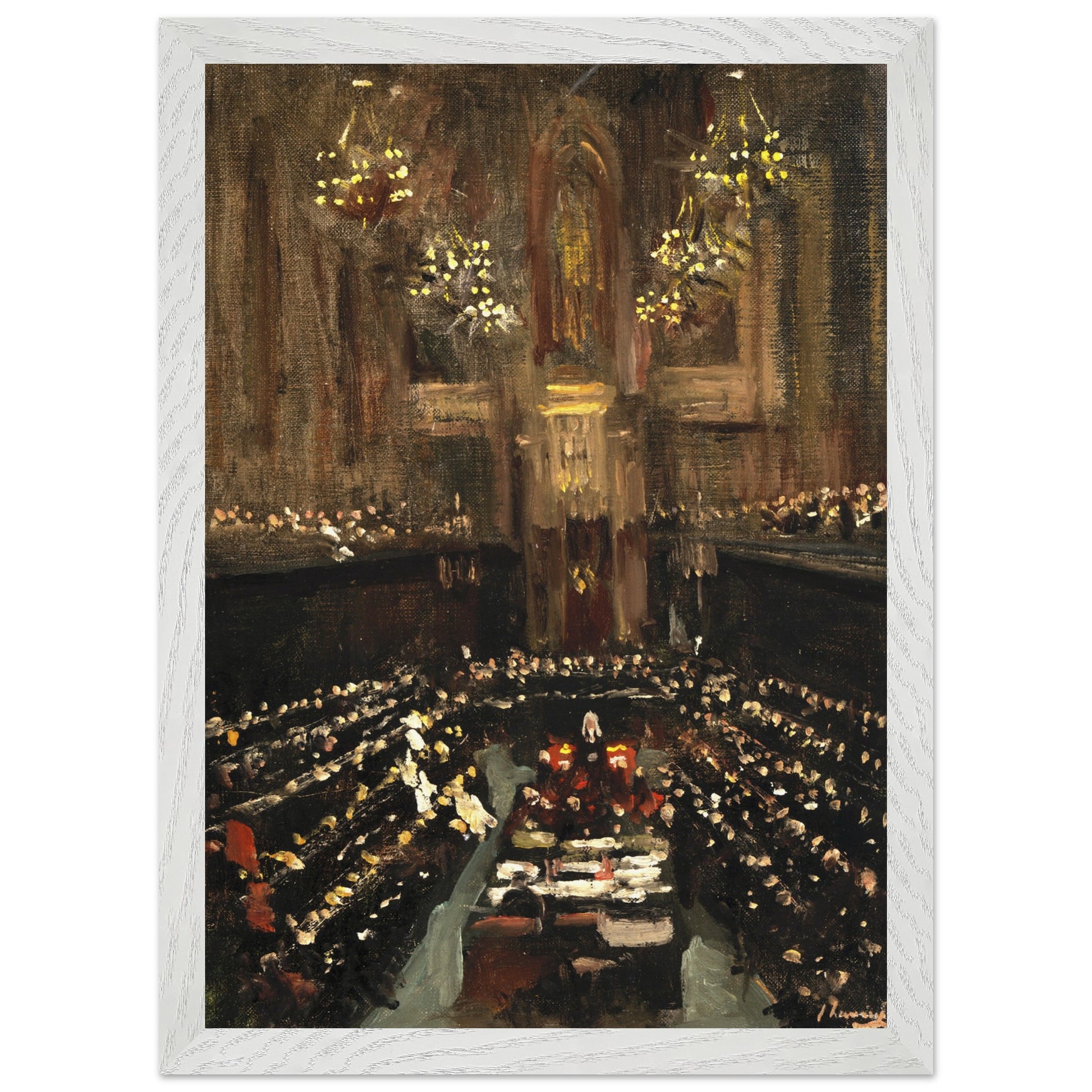 The Ratification of the Irish Treaty (1921) in a crisp white gallery frame, hung on a soft dove-grey wall, natural daylight from a tall window, Scandinavian minimalist interior, clean lines, airy styling, photorealistic.