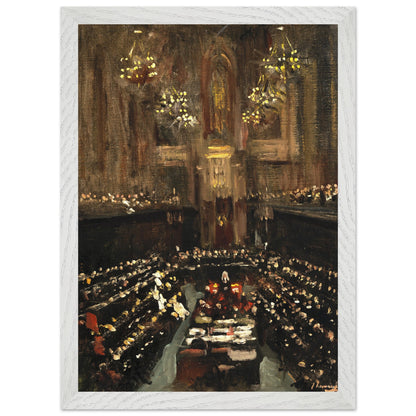 The Ratification of the Irish Treaty (1921) in a crisp white gallery frame, hung on a soft dove-grey wall, natural daylight from a tall window, Scandinavian minimalist interior, clean lines, airy styling, photorealistic.