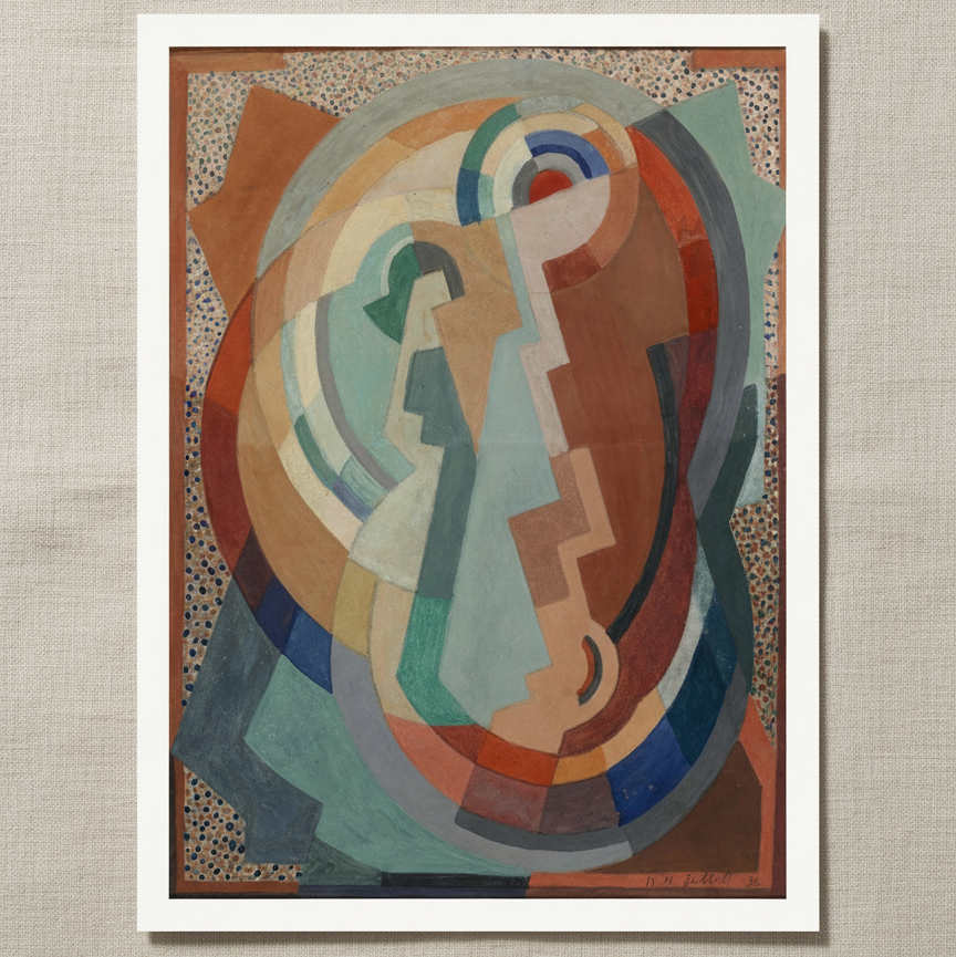 The Virgin and Child by Mainie Jellett – Irish Modernist Unframed Art Print resting on light linen fabric. Soft natural daylight, gentle shadows, artisanal fine-art photography style.
