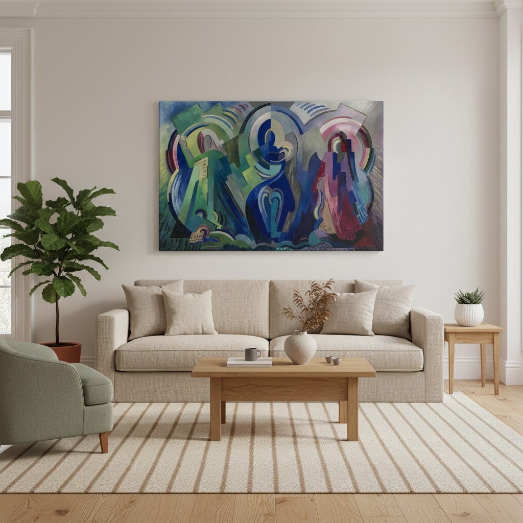 The Virgin of Éire canvas print styled in a Scandinavian living room with neutral décor. A softly lit Scandinavian living room with neutral walls, warm oak furniture, linen textures, soft beige and sage tones. The Virgin of Éire canvas print by Mainie Jellett hangs above the sofa as a statement piece. Minimalist styling, indoor plants, contemporary home décor, natural light.