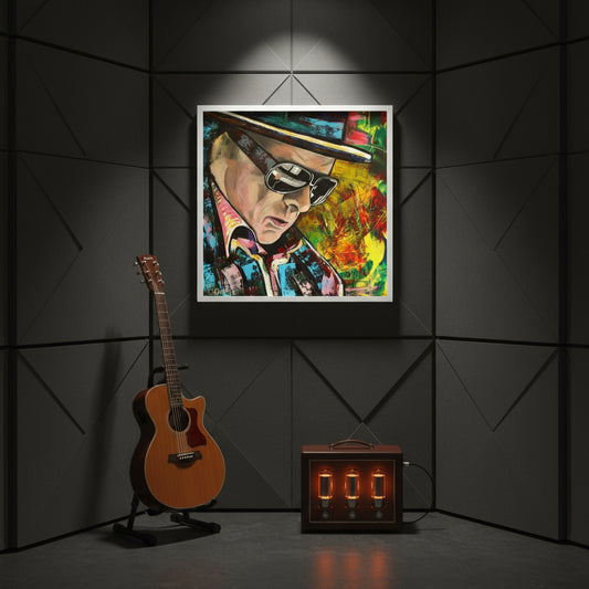 Music studio corner with acoustic panels, tube amp and guitar stand; portrait in white frame on matte charcoal wall; directional spotlight creating gentle gallery glow.