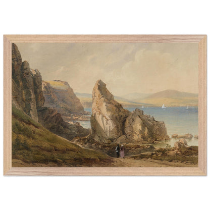 A Bay near Howth by Henry Newton in a pale wood frame, sailboats on blue water beyond the rocks