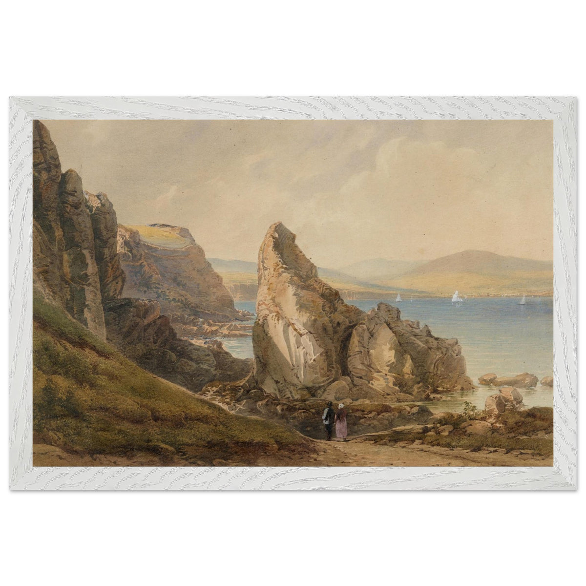 A Bay near Howth by Henry Newton in a textured white frame, cliffs and headland over the sea