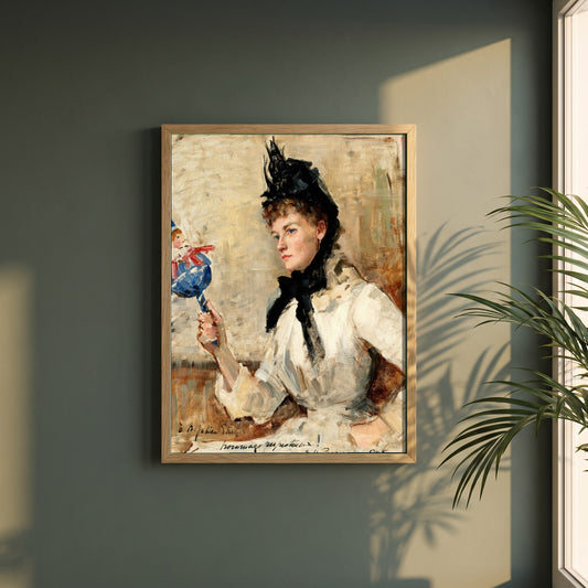 A Lady Holding a Rattle framed print in a natural oak frame on a dark green wall beside a window, dappled plant shadow