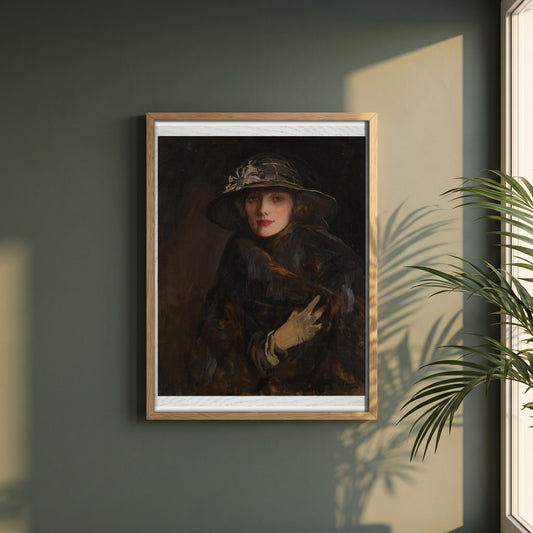 A Lady in Brown (1920) framed print in a natural oak frame on a dark green wall beside a window, dappled plant shadow