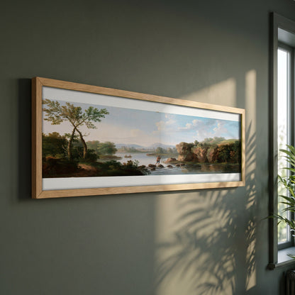 A Landscape with a Man Fording a Stream framed print in a natural oak frame on a dark green wall beside a window, dappled plant shadow