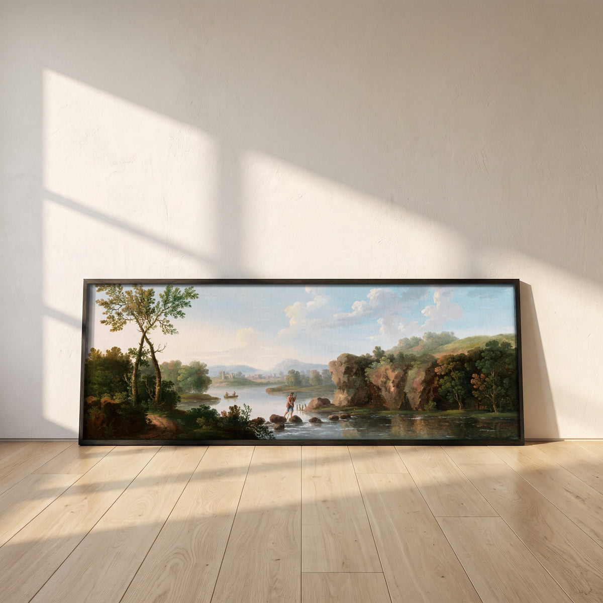 A Landscape with a Man Fording a Stream framed print in a black frame leaning against a white plaster wall on oak floorboards in morning light