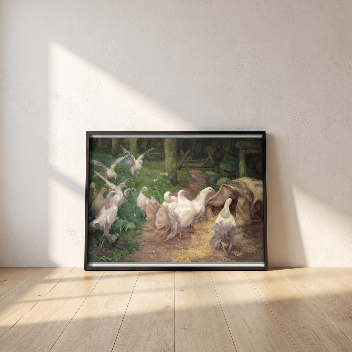 A Preliminary Investigation framed print in a black frame leaning against a white plaster wall on oak floorboards in morning light