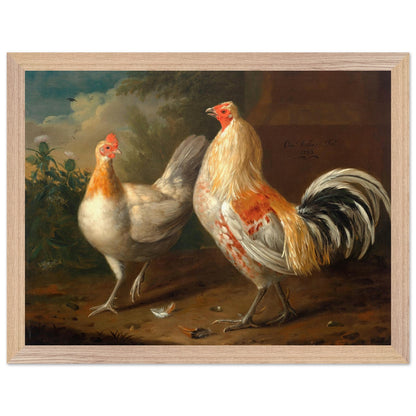 A Sporting Cockerel and Hen by Charles Collins in a natural oak frame