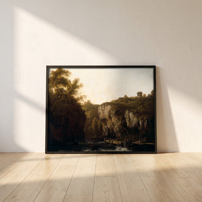 A View near Avoca framed print in a black frame leaning against a white plaster wall on oak floorboards in morning light