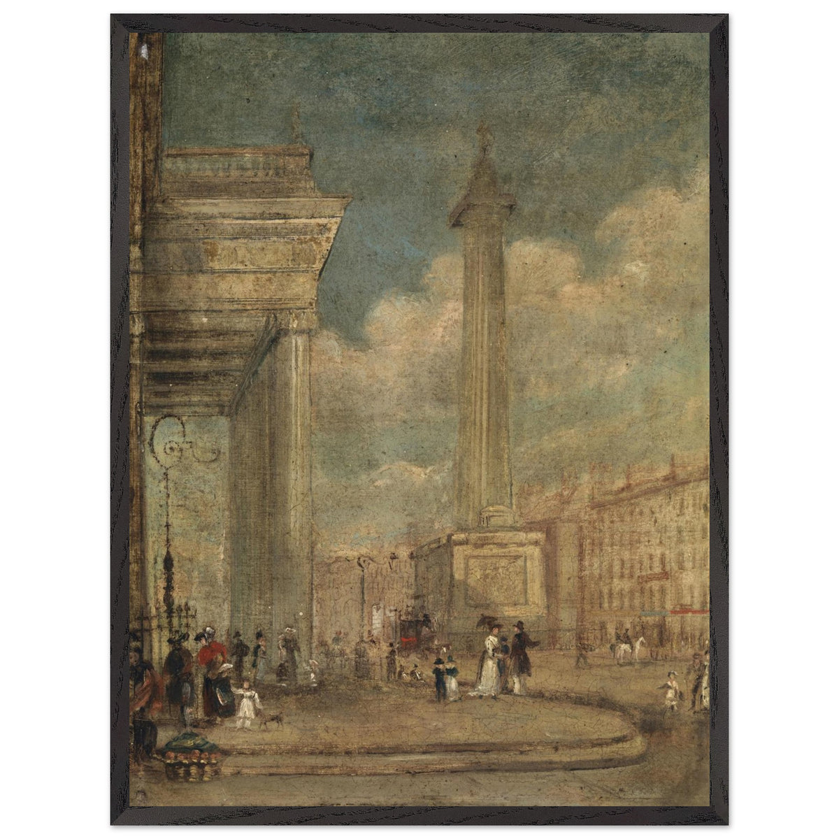 A View of O'Connell Street by George Petrie in a black frame, figures and carriages beneath a columned portico