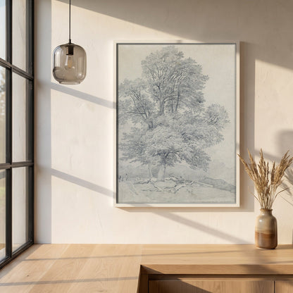 A Wych Elm at Hawley, Hampshire framed print in a white frame on a plaster wall above an oak worktop in a bright Scandinavian kitchen