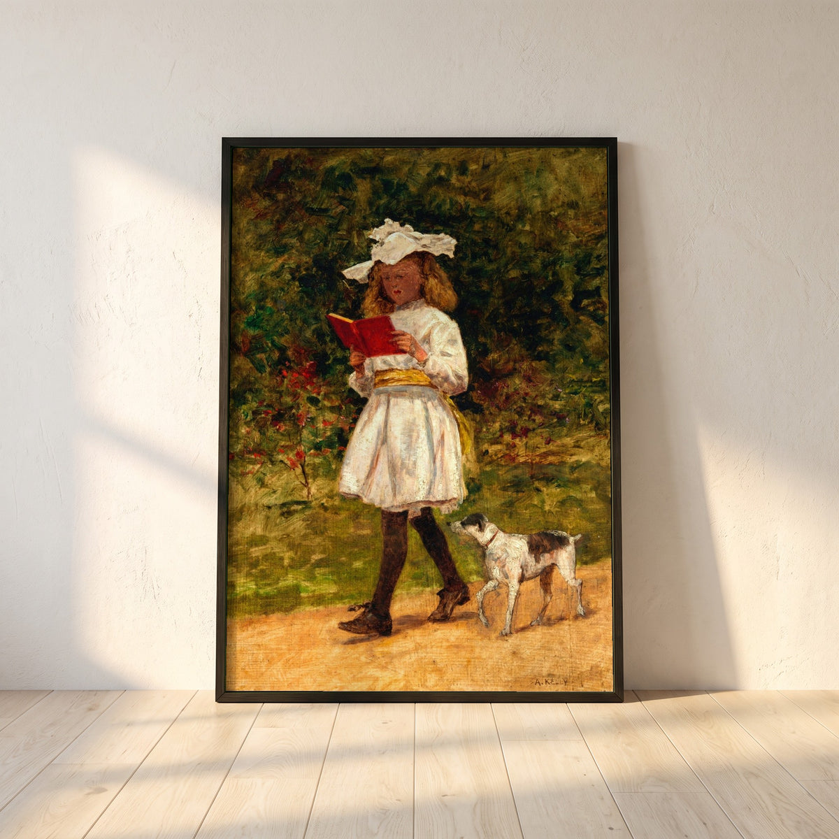 A Young Girl Reading framed print in a black frame leaning against a white plaster wall on oak floorboards in morning light