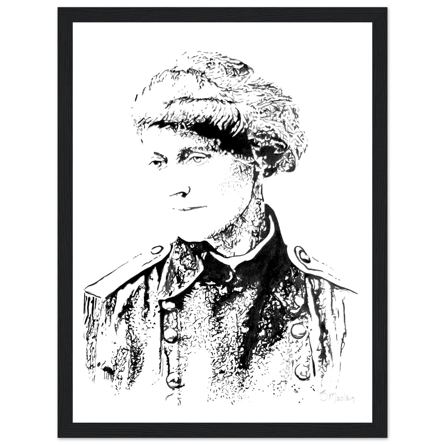 Framed art print by Ó Maoláin depicting Countess Markievicz, celebrating her courage and activism. This timeless piece blends art and history, capturing Ireland's heritage. Perfect for adding a meaningful touch to any space, honoring a trailblazing figure.