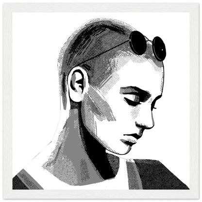 Framed Sinéad O'Connor portrait in a white frame, downcast eyes and sunglasses on her head
