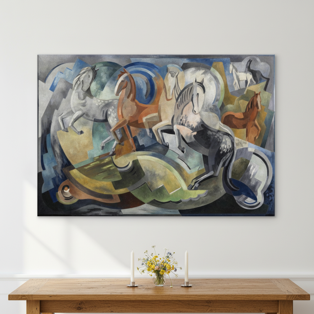 Achill Horses by Mainie Jellett unframed canvas print above an oak dining table with candles and wildflowers