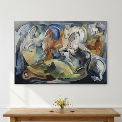 Achill Horses by Mainie Jellett unframed canvas print above an oak dining table with candles and wildflowers