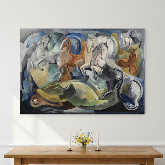 Achill Horses by Mainie Jellett unframed canvas print above an oak dining table with candles and wildflowers
