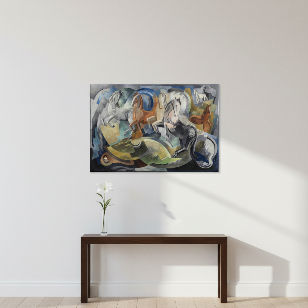 Achill Horses by Mainie Jellett unframed canvas print on white wall above a console table in a hallway