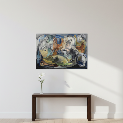 Achill Horses by Mainie Jellett unframed canvas print on white wall above a console table in a hallway
