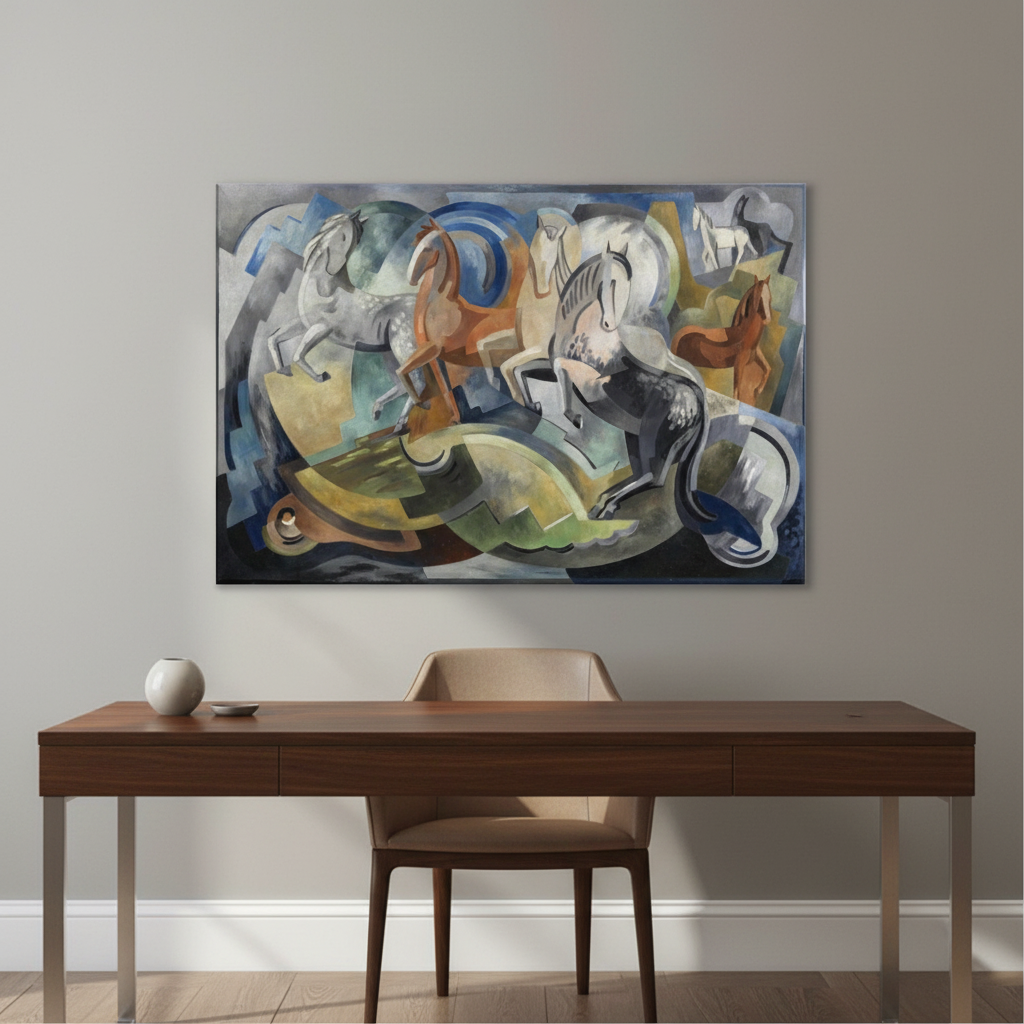 Achill Horses by Mainie Jellett unframed canvas print above a dark walnut desk in a home office