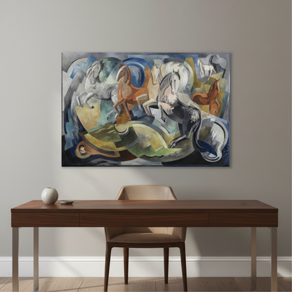 Achill Horses by Mainie Jellett unframed canvas print above a dark walnut desk in a home office