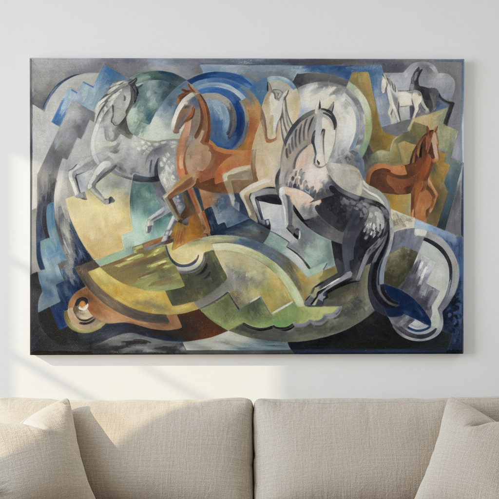 Achill Horses by Mainie Jellett unframed canvas print above a linen sofa in a bright coastal living room